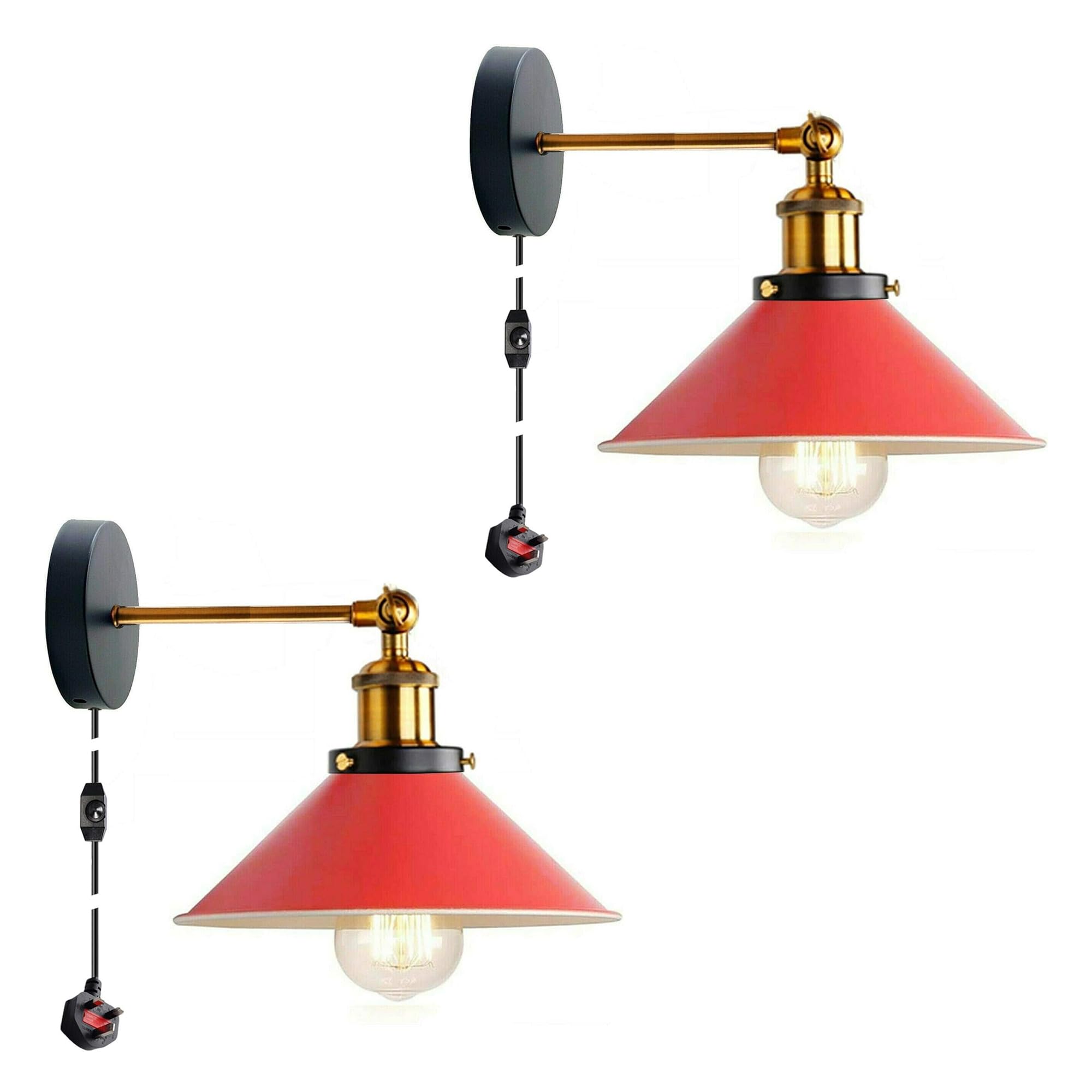 DC VOLTAGE 2 PackIndustrial Dimmable Wall Light Plug in Stepless Dimming Vintage Wall Lamp with Switch, Bedroom Lamps with Dimming Switch Plug, E27 Metal Red Wall Sconce for Living Room Restaurant