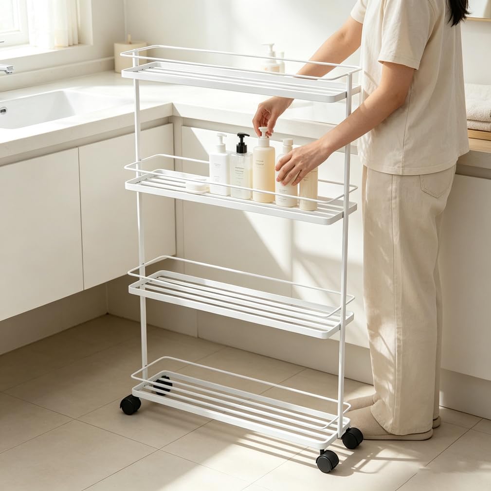 cendbirut Slim Storage Cart with Wheels, 3/4 Tier Metal Narrow Rolling Cart