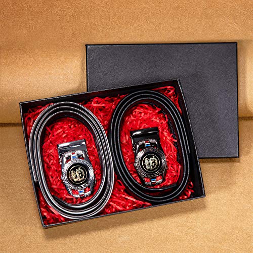 Image of Barry.Wang Mens Ratchet Belt 2 Pack Buckle Gift Set Dress Belts Leather Slide Strap Automatic 1 3 /8 inch Wedding Business