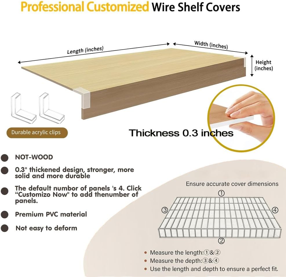 4 Pcs Custom Size Shelf Covers for Wire Shelving,Thick Faux Wooden PVC Removable Wire Rack Covers Preventing Leakage of Items for Shelves Pantry Closet Kitchen Bathroom Office