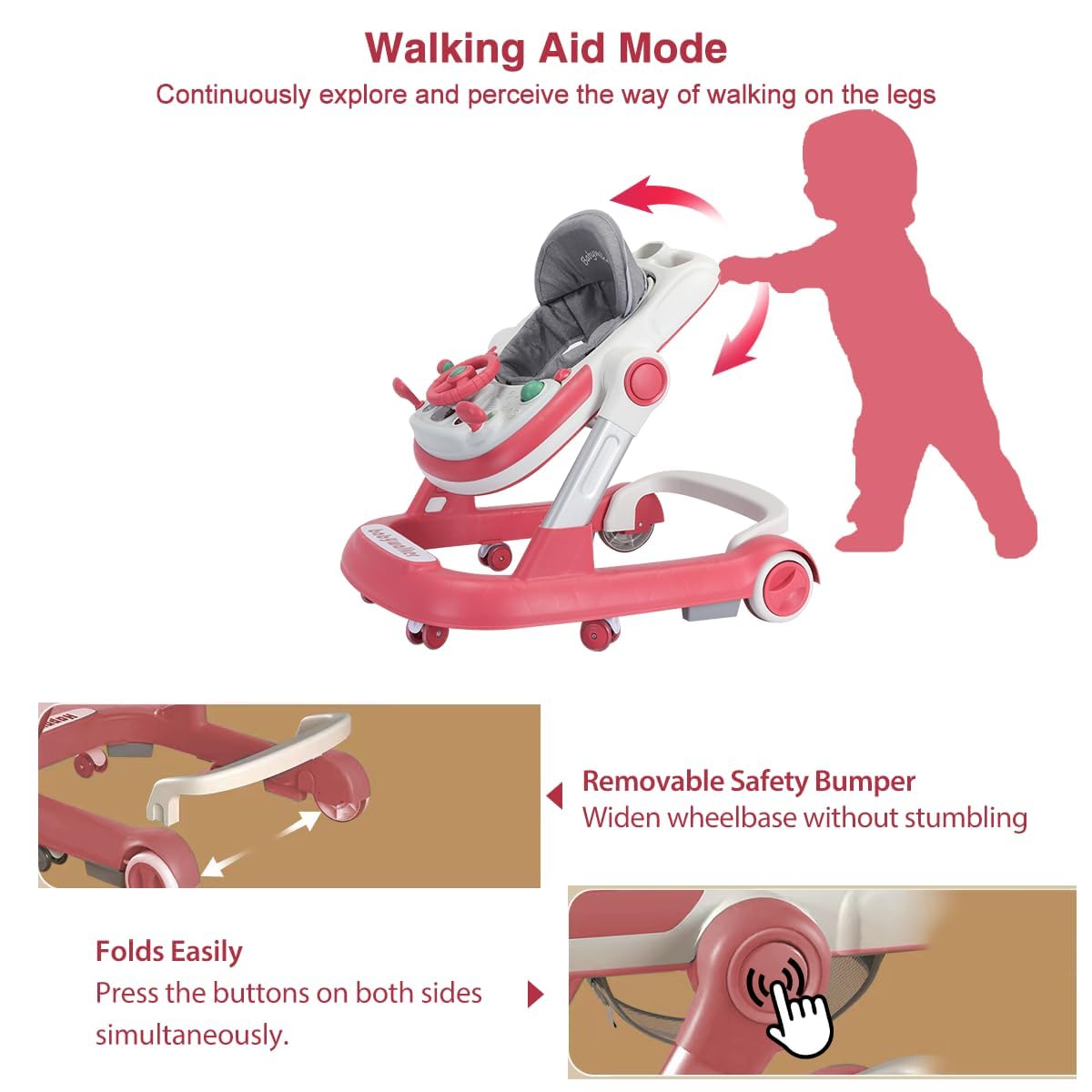 UBRAVOO Andador 2 en 1 para niños pequeños con bandeja extraíble y bandeja de música (sin batería), carrito plegable para niños de 6 a 18 meses (rojo)