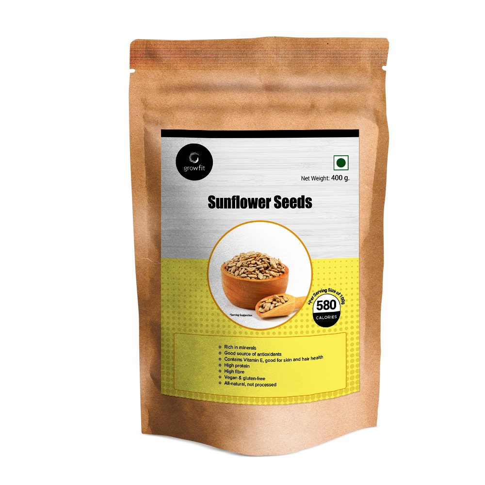 G growfit Sunflower Seeds For Eating, 400 Gm | Natural & Unprocessed | Promotes Skin, Hair & Heart health | Rich in Antioxidants, Fiber, Calcium, Vit A, B, C, E, Iron, Copper, Selenium, Manganese, Magnesium, Zinc etc