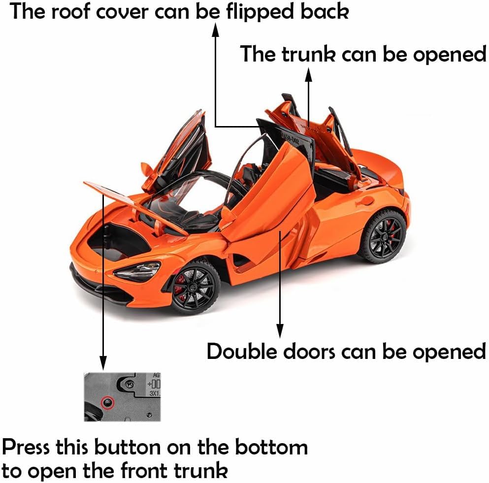 Image of 1:24 McLaren 720S Convertible Diecast Car | Alloy Metal Pull Back Toy Car with Openable Doors, Lights & Music | Model Car for Kids Boys Girls Gift & Collectors (Orange)