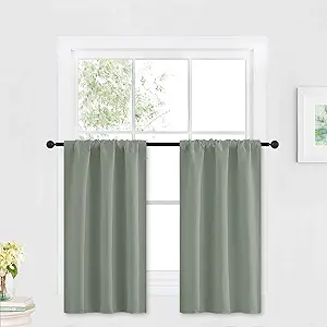 RYB HOME Grayish Green Short Curtains Blackout, 30 inch Durable Cafe Curtains Room Darkening Window Drapes Privacy Protection for Basement Closet Kithen, W29 x L30 inch, 2 Panels