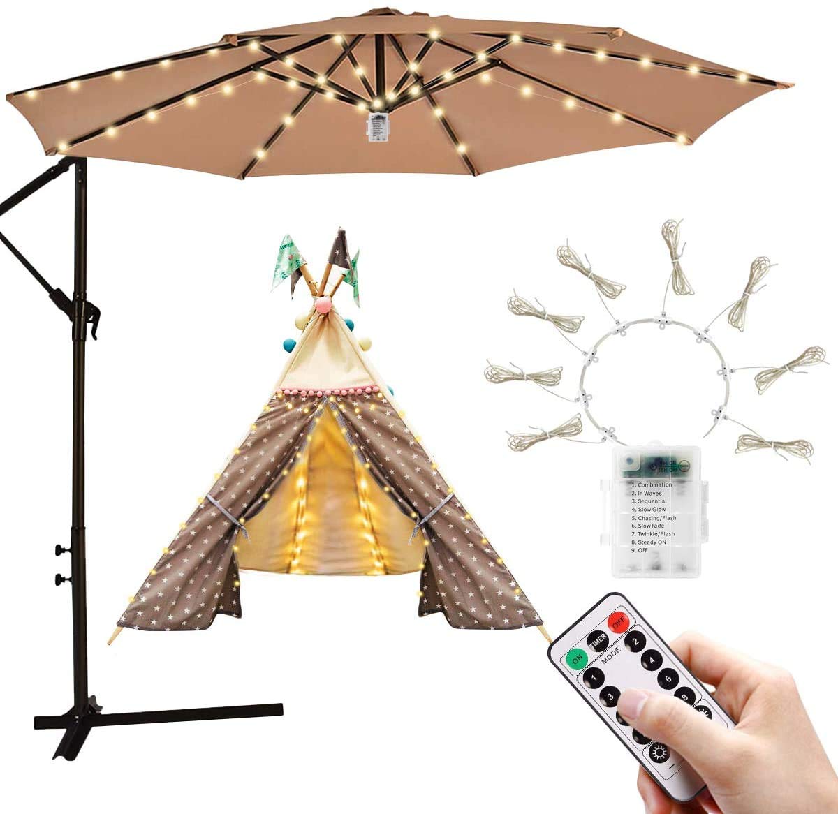 Patio Umbrella Light String Lights Remote Control Parasol Lights with 8 Modes Battery Operated Waterproof Outdoor Umbrella Pole Light for Patio Umbrellas Camping Tents Party Decor