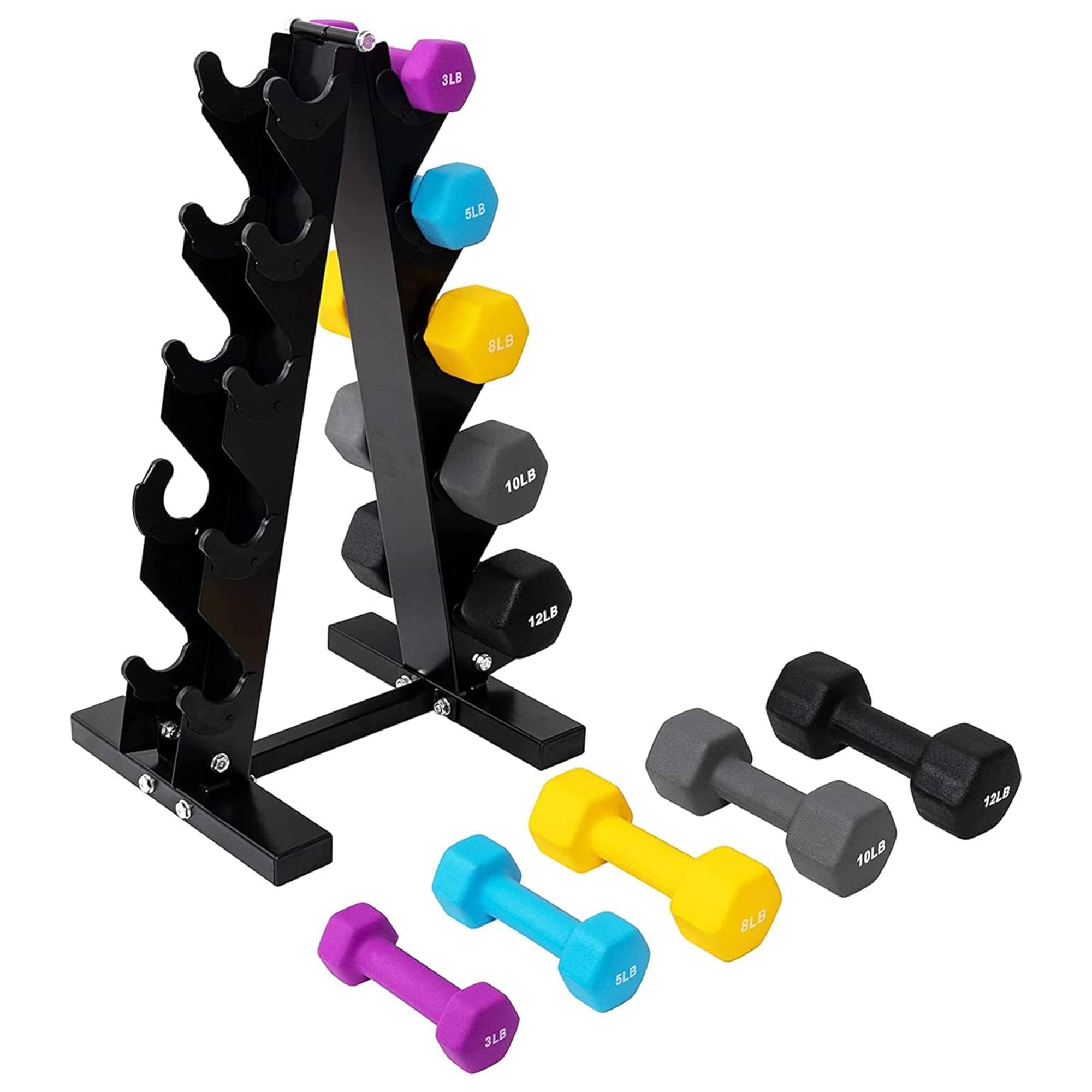 BalanceFrom Neoprene Coated Iron Dumbbell Hex Weights Set with Stand Color-Coded or Black Options with Non-Slip Grip for