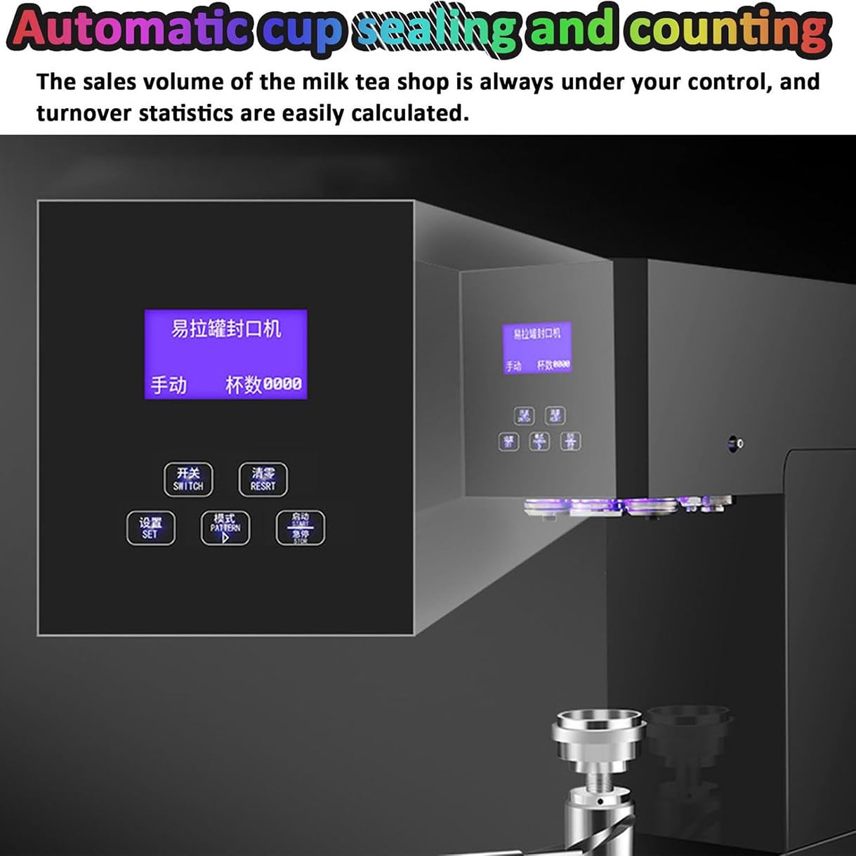 Máquina automática de sellado eléctrico con panel inteligente y contador, altura ajustable de 52 a 58 mm, calibre para bebidas