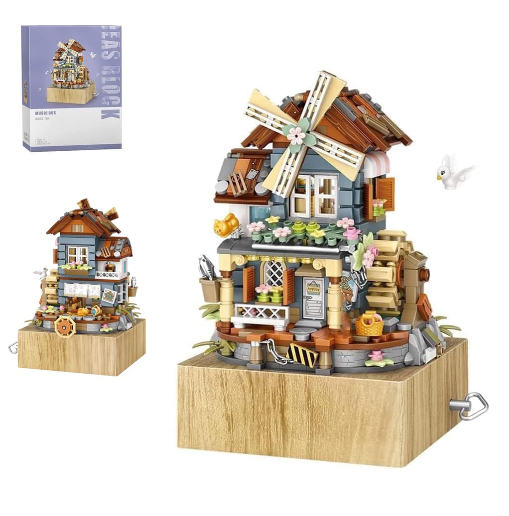 799pcs Street View Windmill Music Box Bricks Model Building Set, Street View Modular Building Kits, DIY Architecture Construction Toy, Building Blocks for Teens and Adults
