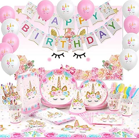 176 PCs Unicorn Party Supplies Birthday Decorations Paper Plates Cups Napkins Straws Reusable Cutlery Table Cloth Bags Hats Backdrop Banner Balloons Unicorn Party Decorations for Girls 16 Guests Cover