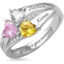Getname Necklace Mothers Ring Sterling Silver with 1 2 3 4 5 6 7 8 9 Birthstones & Names Personalized Women Band Custom Stones Names White Gold Plated Gift for Mothers Day