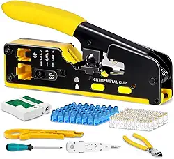 Alicate de Crimpar Profissional para Redes - RJ45, RJ12, RJ11 (CAT5/5e/6/6A/7/8) - Inclui 50 Conectores de Passagem, Testador de Cabos- Ideal para Técnicos e Instaladores de Redes