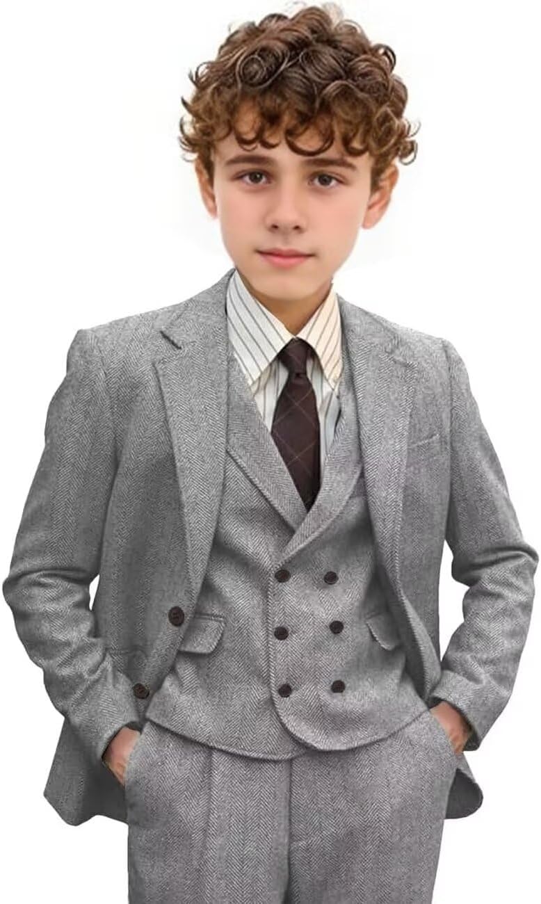 Boys Suit 3 Piece Herringbone Suits Slim Fit Formal Tuxedo Wedding Homecoming Outfits Jacket Vest Pants Set