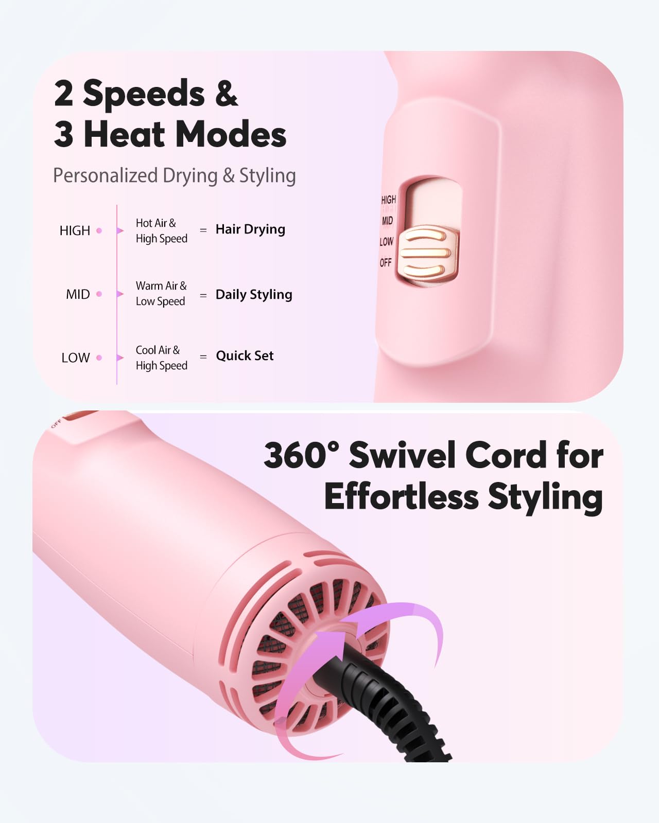 2" Travel Blow Dryer Brush, Dual Voltage 100-240V Hot Air Brush, 4-in-1 Ionic Hair Dryer Brush for Blowout, Volumizing, Straightening, Curling & Drying, Portable with EU UK Plug — view 7