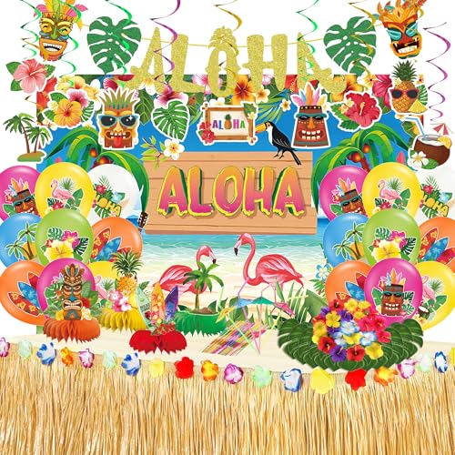 DMIGHT 101PCS Hawaiian Themed Party Decorations Set, Tropical Beach Aloha Summer Party Supplies, Including Backdrop, Table Skirt, Honeycomb Centerpieces, Balloons for Luau, Tiki Birthday Party by DMIGHT - Used condition - US$21.28