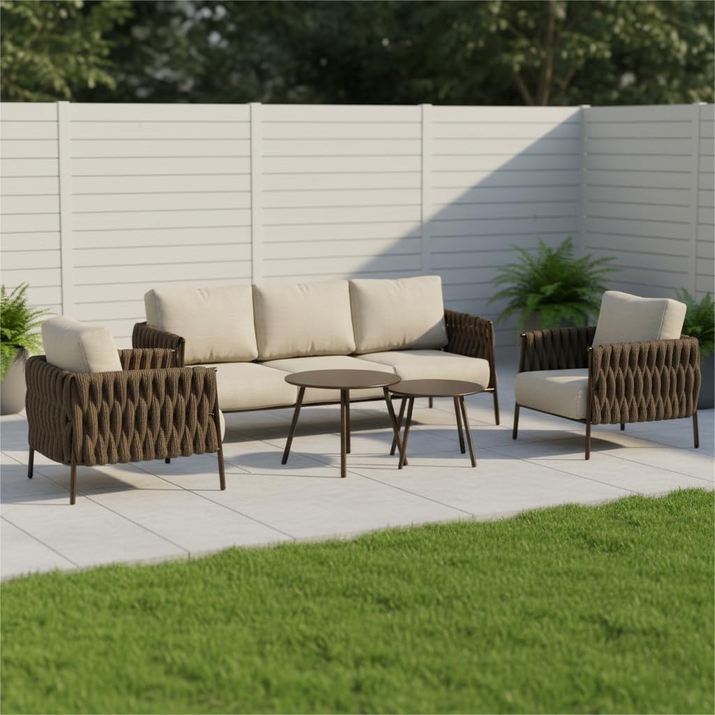 EAST OAK Corner Patio Furniture Set | Life Chatter 5-Seat Outdoor Furniture | Deep Seating Corner Sofa with Round Coffee Table | Extra-Thick & Washable Cushions | Chestnut & Apricot