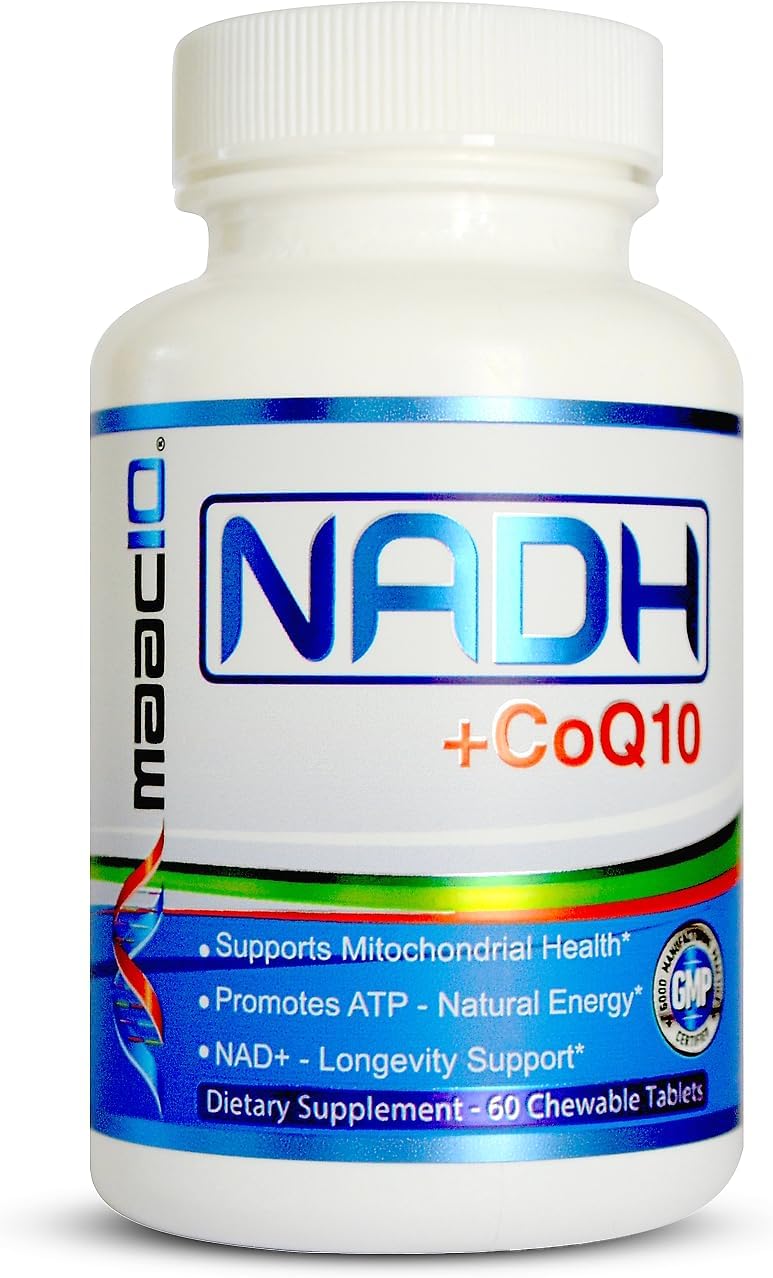 MAAC10 NADH + CoQ10 Supplement | Great Tasting Chewable Tablets | 50mg PANMOL® NADH + 100mg CoQ10 | for Fatigue, Energy and Mental Focus | NAD+ Supplement (60 Tablets 2 per Serving)