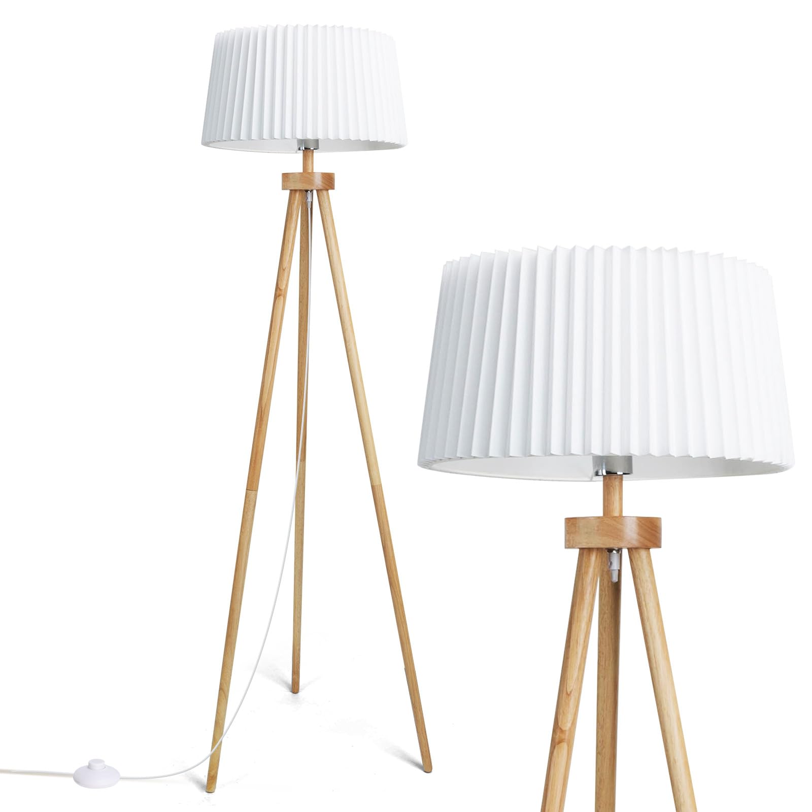 Aigostar Lampara de Pie tripode E27 Vintage de Madera Maciza para Salón， Plisada Pantalla Blanca de Lino， Cable 180 cm con Interruptor de Pie， Sin Bombilla， Estilo Nórdico