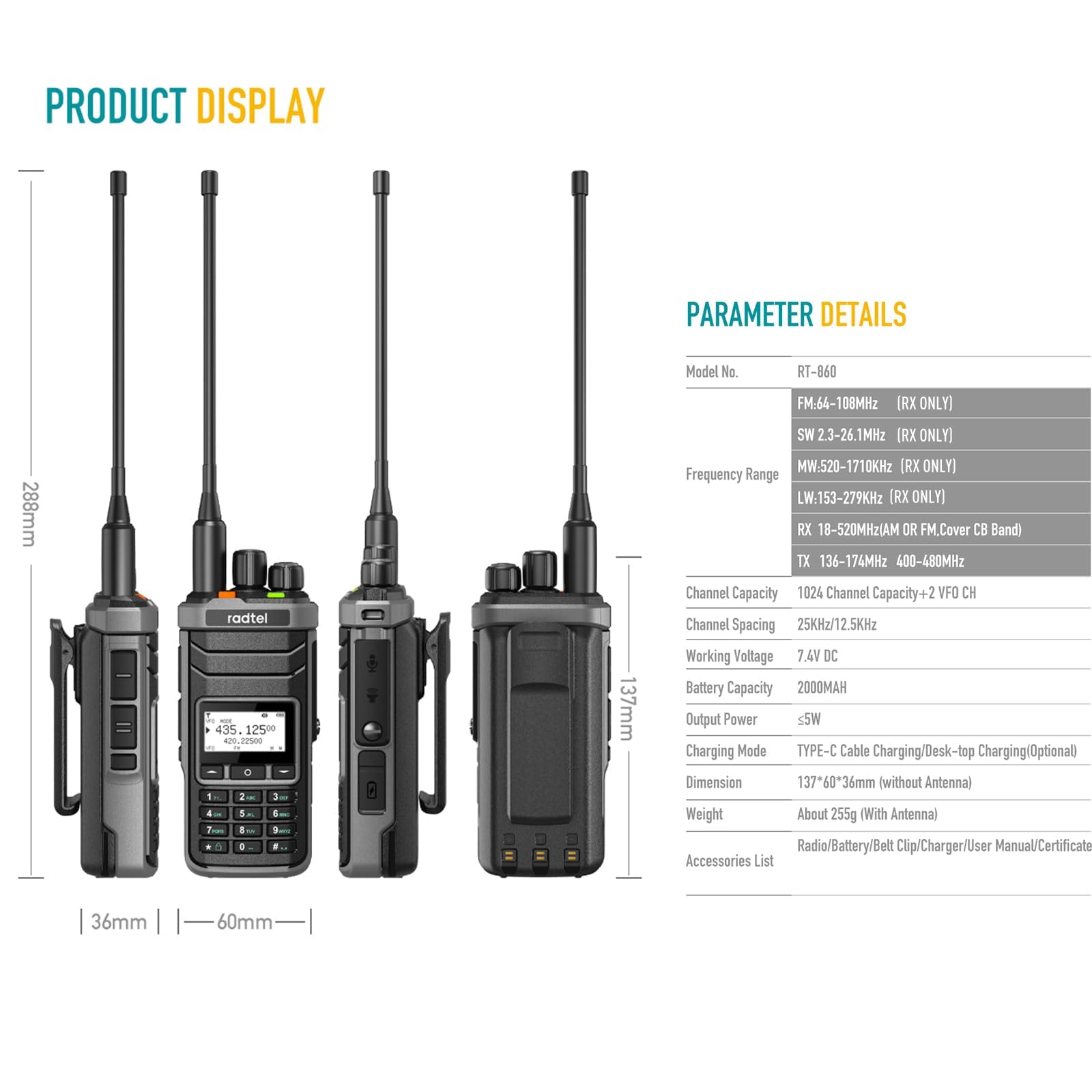 Radtel RT-860 Radio Ham Multibanda HF UHF VHF Dual Band con Ricezione AM USB LSB CW CB LW MW SW SSB, 1024 Canali, Batteria 2000mAh, Ricarica Type-C (Con Antenne SW/MW)