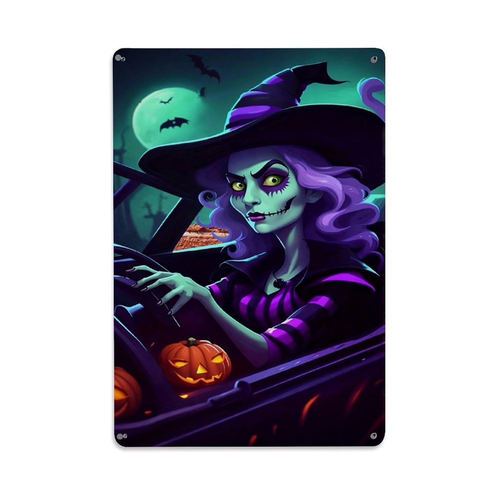 Jdfenggu Vintage Witch Driving Car Halloween Scene Retro Metal Tin Sign, Metal Poster For Bar, Home, Man Cave, Kitchen, Laundry Room Art Decor 8X12 Inch