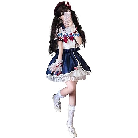 Amazon Co Jp 未来ノ夢 ロリータ服 Lolita ワンピース セーラー式 半袖 夏 上着 スカート 蝶結び 森ガール かわいい 紺色の襟 L 紺色 ホビー