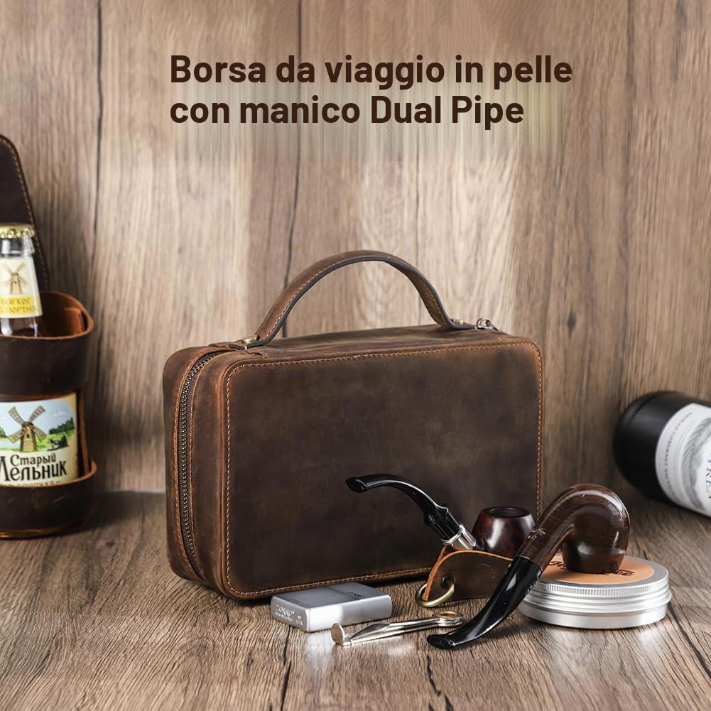 CONTACTS Borsa porta tabacco in pelle con supporto, custodia da viaggio per 2 tubi, accessori per pipa da fumo, borsa organizer con tracolla staccabile