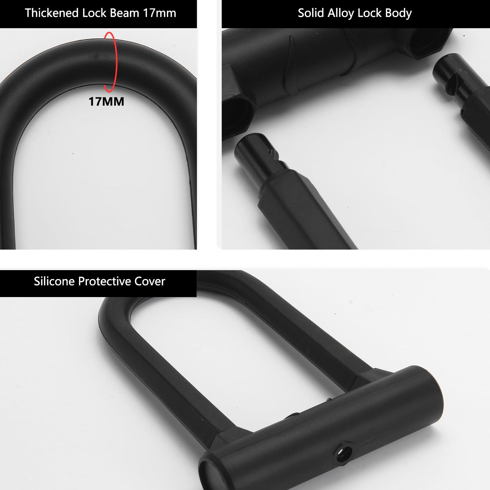 Lucchetto a U, Lucchetto per Bicicletta Incluse Grillo da 17 mm, U-lock con Supporto per Bici e 2 Chiavi, Antifurto Bici, Dimensioni 6,7 cm x 14,7 cm, per Biciclette, E-Bike, Scooter