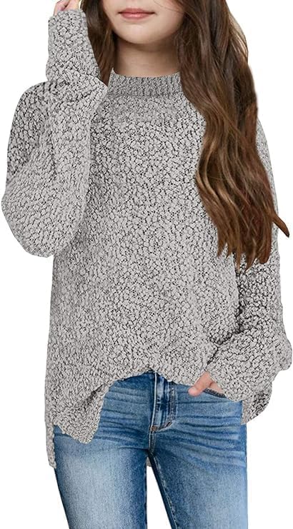 Tankaneo Mädchen Fuzzy Fleece Warm Pullover Rundhalsausschnitt Lose Chunky Side Schlitz Pullover Sweatshirt Einfarbig Herbst Winter Warm Oberteil