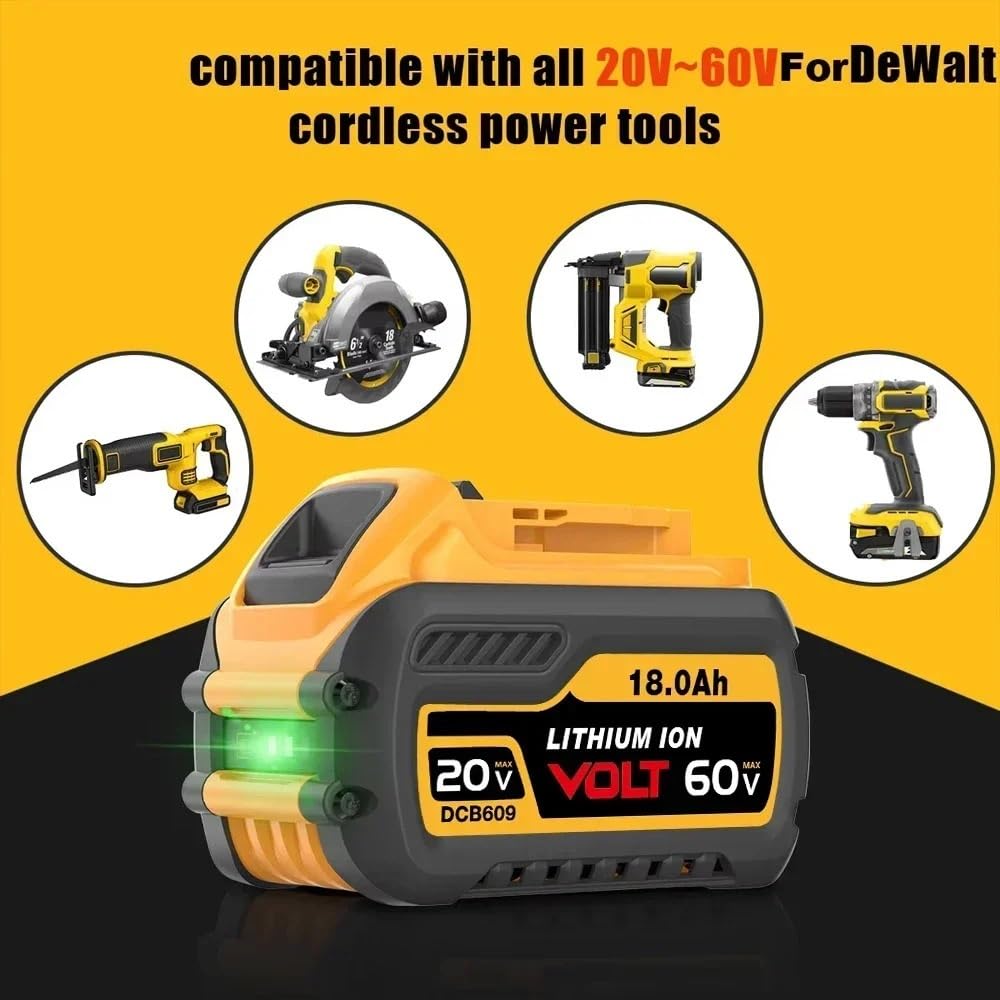 Akumulator litowy 18 Ah, 20 V/60 V, kompatybilny z narzędziami serii DeWalt FLEXVOLT MAX DCB609/DCB606/DCB612 i DCD996/DCF885/DCS391, akumulator o wysokiej wydajności 18000 mAh do elektronarzędzi
