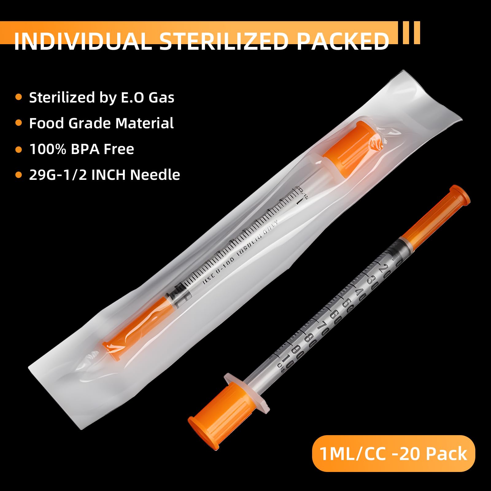 20 Pack 1ml/cc Syringes 29G 1/2" (12.7mm), U-100 Scientific Lab Syringes, Disposable Syringe Individually Wrapped — Amazon image 2