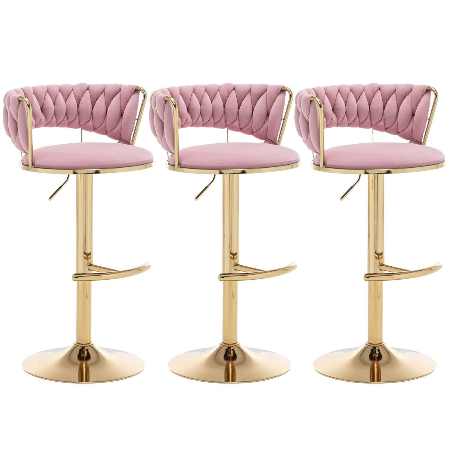 Riknuxi Velvet Bar Stools Set of 3, Counter Height Barstools with Low Back, Gold Swivel Bar Stool for Kitchen Island, Pub (Pink)