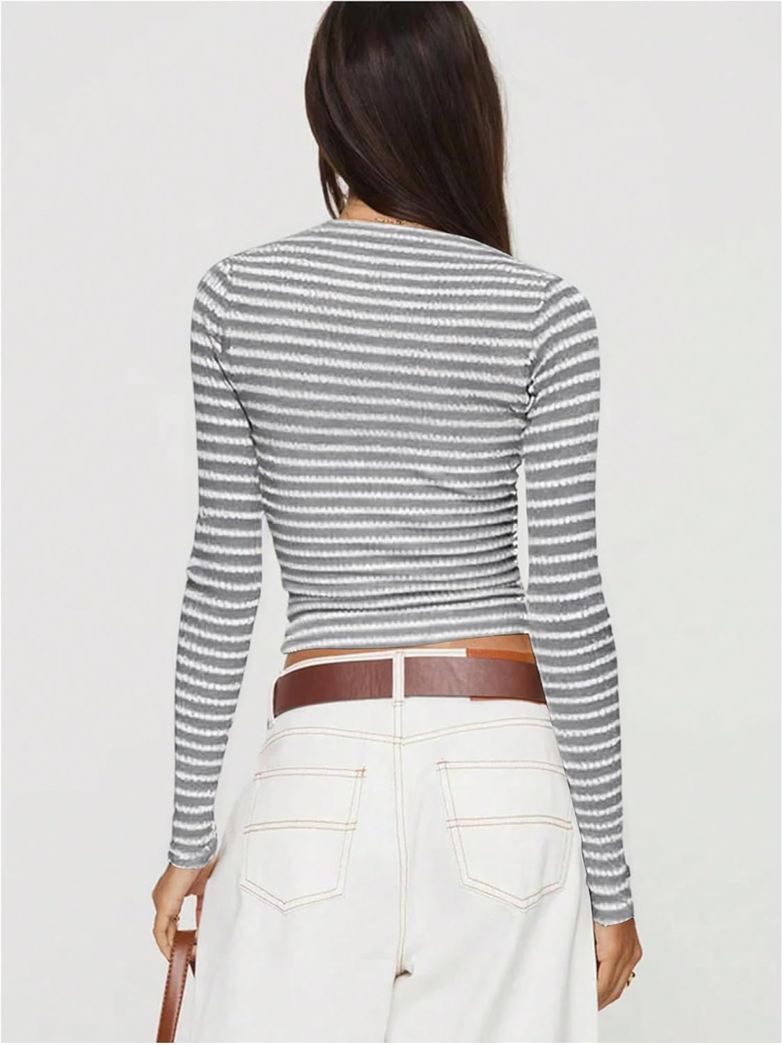 WDIRARA Women's Striped Tee Shirt Ribbed Long Sleeve Slim Fit Crop Tops - Image 2