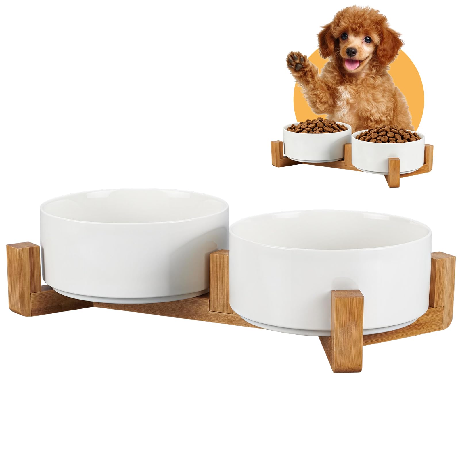 Ciotole per cani in ceramica con supporto in legno