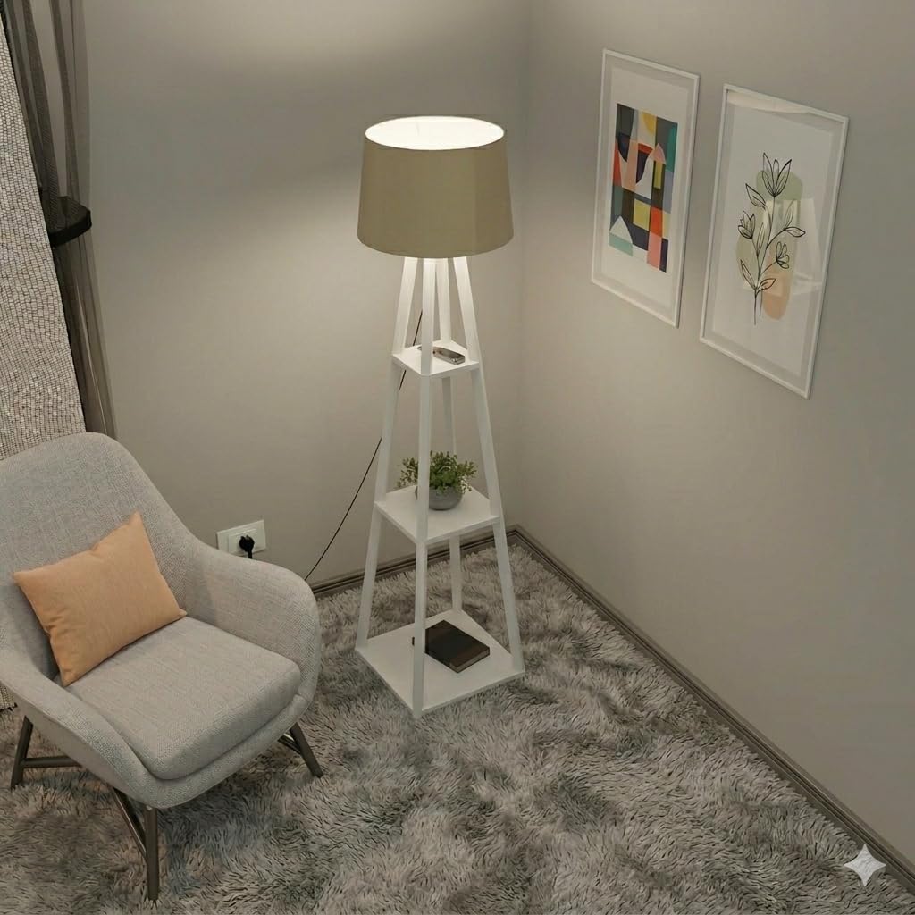 Wooden Floor Lamp with Storage Shelves, Modern Standing Lamp with Light Bulb, Tall Corner Rack Shelf Lighting for Living Room Bedroom Home Décor (White)-image-23