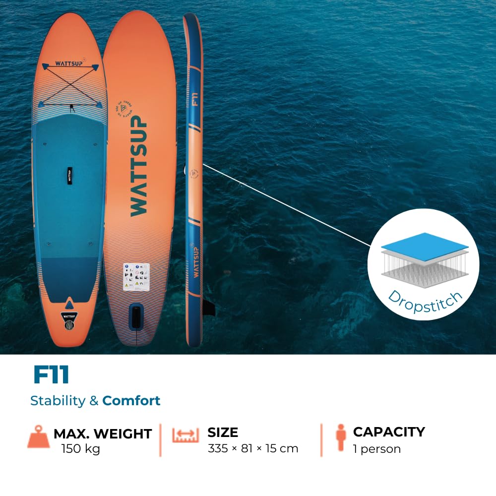Wattsup - SUP Stand Up Paddle gonfiabile - Gamma First - Dropstitch - Pacchetto completo: Pagaia, Leash, Pompa, Borsa da trasporto