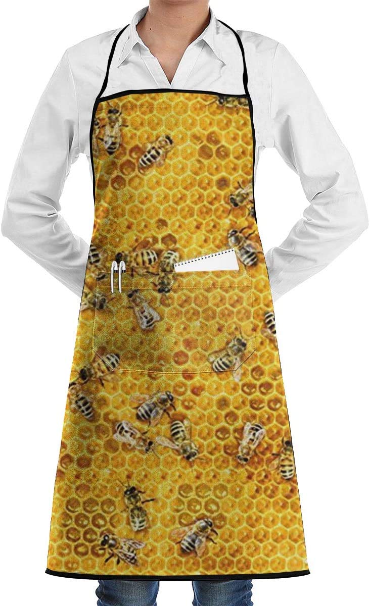 dhdhgdfj Honey Bees On A Honey Combs Women Men Bib Apron Comfortable Chef Apron with Pocket Cooking Apron Perfect for Kitchen, Home, Restaurant, Cafe, Baking, Gardening