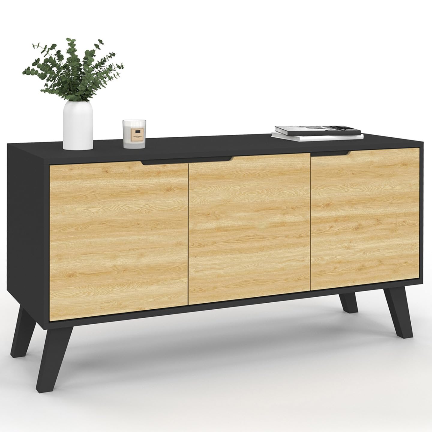 IDMarket - Buffet Bas scandinave 113 cm FINN 3 Portes Noir et Bois façon hêtre