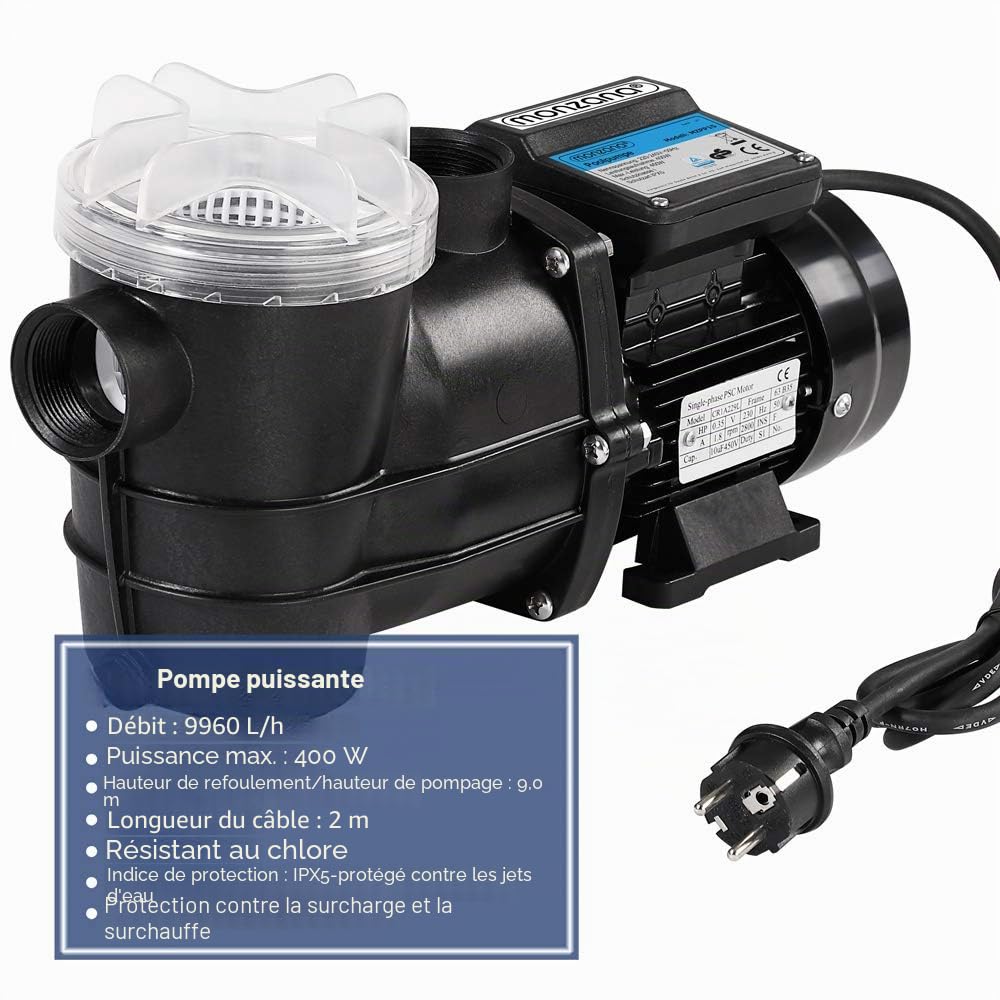 MONZANA® Pompe de piscine 9.960 l/h préfiltre pompe de filtration circulation système filtre à sable hauteur levage 9m pompe piscine filtre à sable