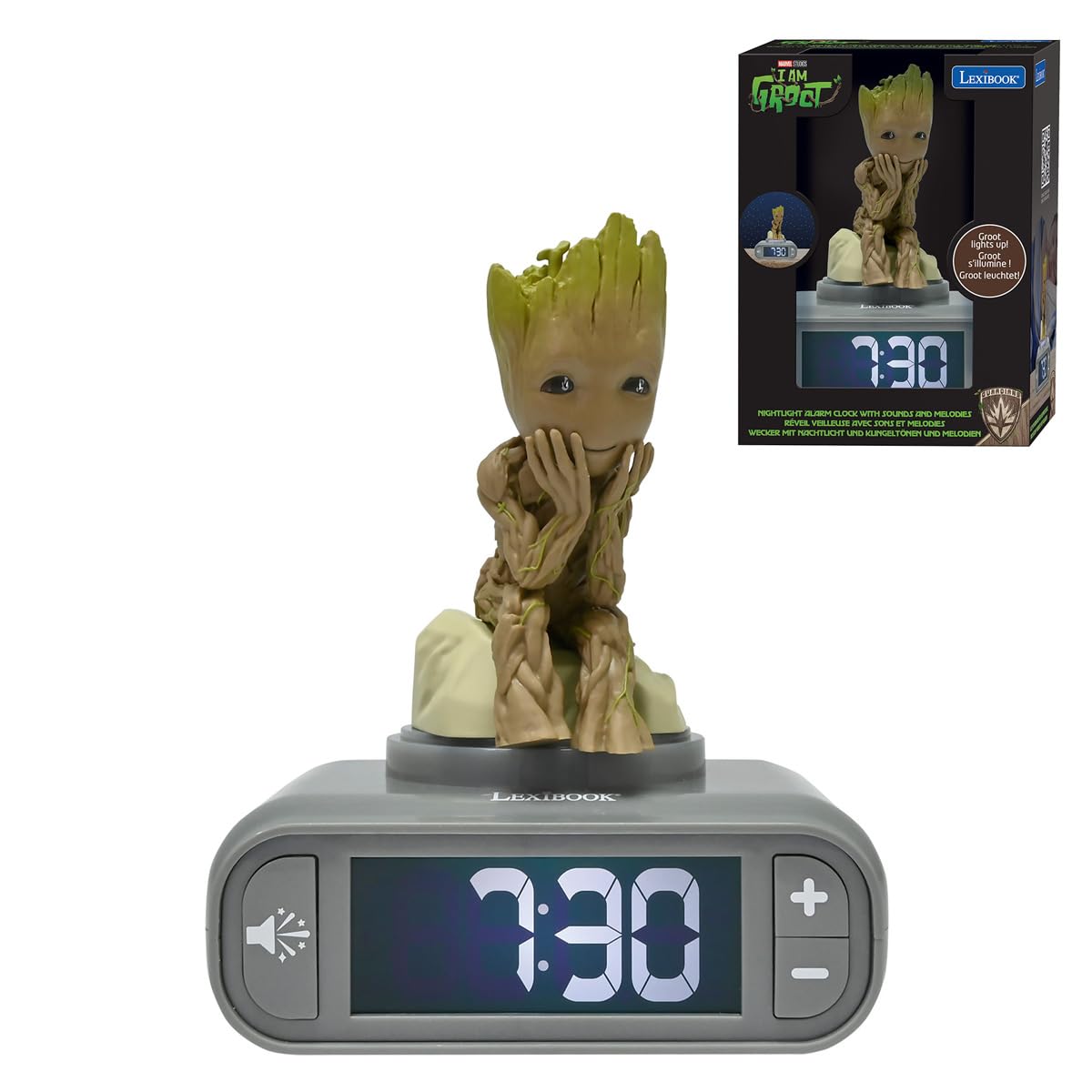 Lexibook, Marvel Guardians Of The Galaxy, Budzik Nocny Groot, Dźwięki i Melodie, Podświetlany Ekran LCD, Podświetlenie, Drzemka, Szary, Brązowy, RL800GG