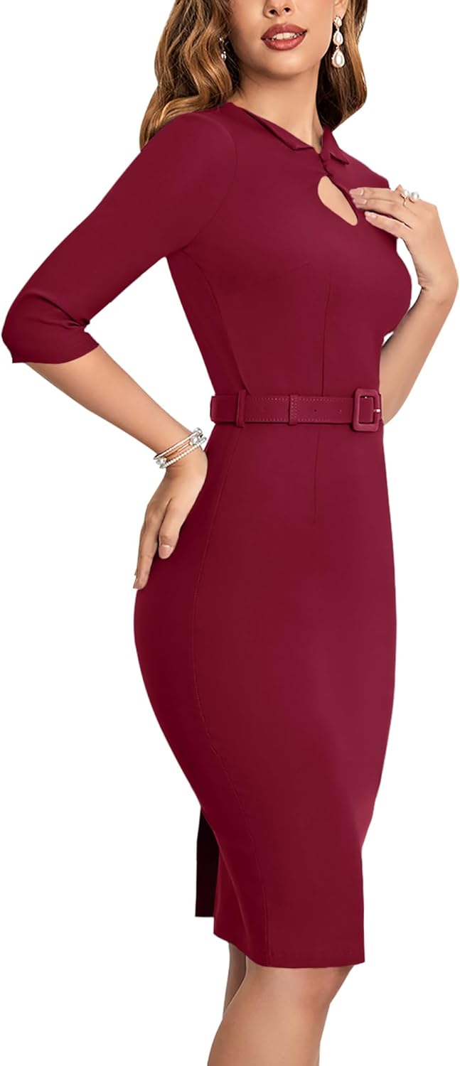 MUXXN Women's Audrey Hepburn 1960s Half Sleeve Formal Work Dress with Belt