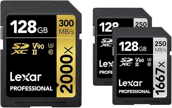 Lexar Professional 2000x 128GB SDXC UHS-II Card, Up to 300MB/s Read, for DSLR, Cinema-Quality Video Cameras & Professional 1667x 128GB 2-Pack SDXC UHS-II Cards, Up to 250MB/s Read