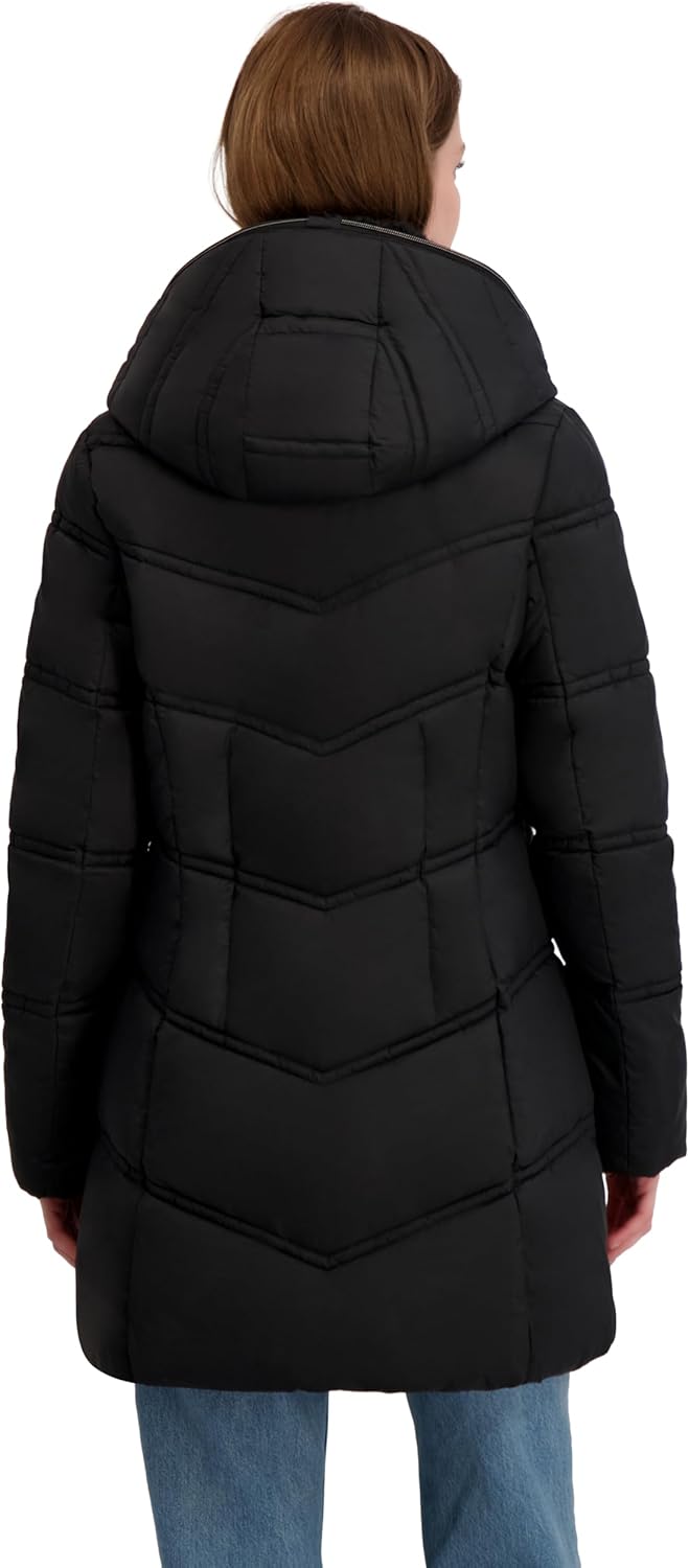 Laundry by Shelli Segal womens Quilted Puffer Flare Jacket– Winter Coat With Faux Fur Bib Collar & Hood - Image 4