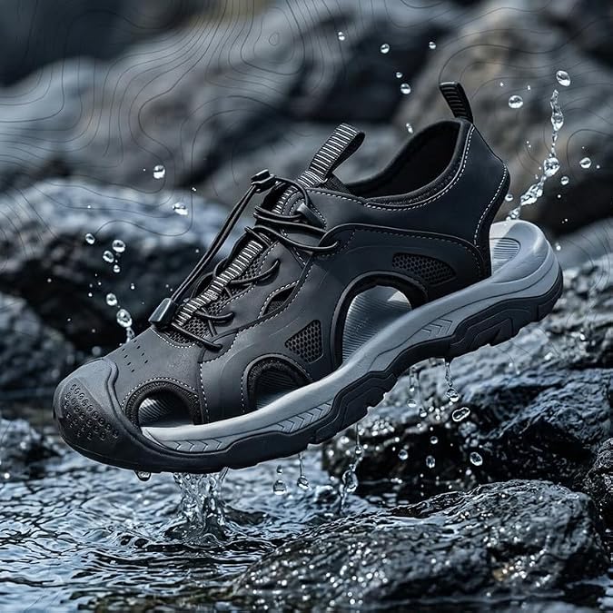 Men's Closed Toe Hiking Sandals - Quick Lace Sport Sandals with Cushioned Sole & Non-Slip Grip for Outdoor Adventures, Water Activities & Casual Wear (Adjustable Fit)