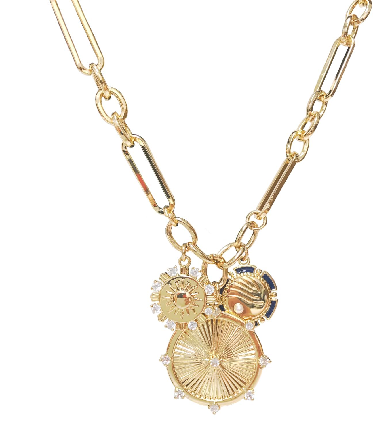 Sun Mountain River Landscape Necklace for Women Girls, 18K Gold Plated Multiple Pendants Zircons Inlaid Radial Line Brass Chunky Chain Fashion Ins Hip Hop Choker Chain for Women