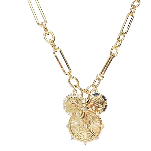 Sun Mountain River Landscape Necklace for Women Girls, 18K Gold Plated Multiple Pendants Zircons Inlaid Radial Line Brass Chunky Chain Fashion Ins Hip Hop Choker Chain for Women