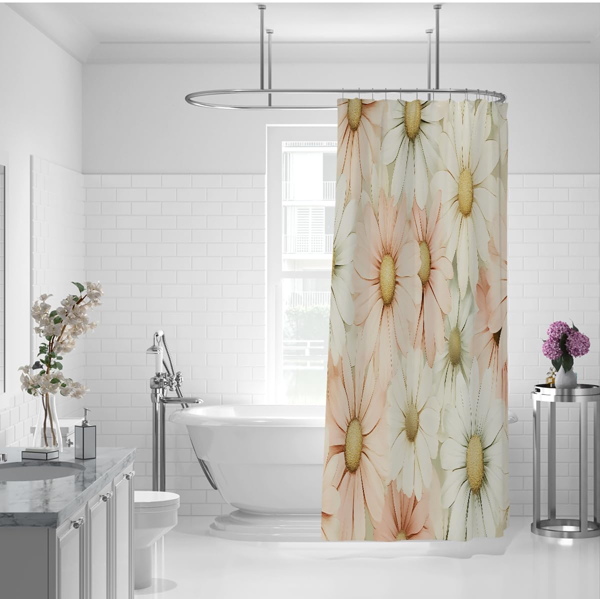 Rideau douche fleurs botaniques marguerites rétro mignonnes W200xL200 cm