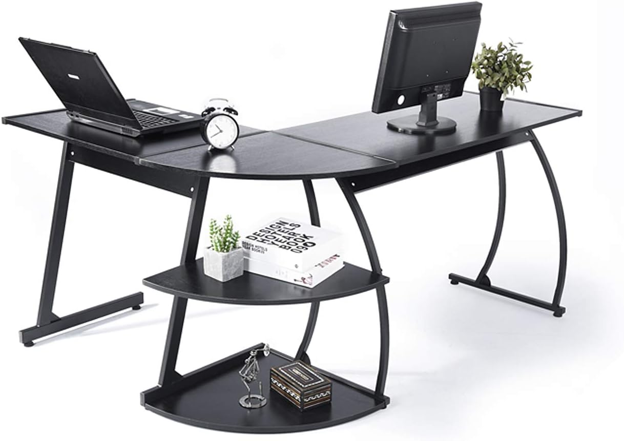 DORAFAIR L-Shaped Office Computer Desk, PC Latop Study Table Workstation Large Gaming Desk Study Desk with 2 Shelves for Home and Office,Black