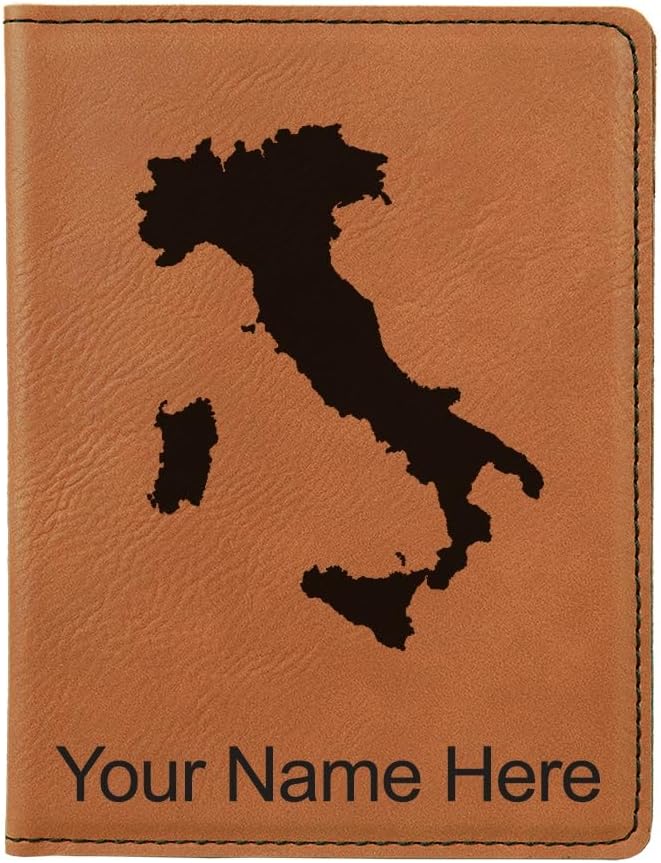 LaserGram Faux Leather Passport Holder, Country Silhouette Italy, Personalized Engraving Included (White)