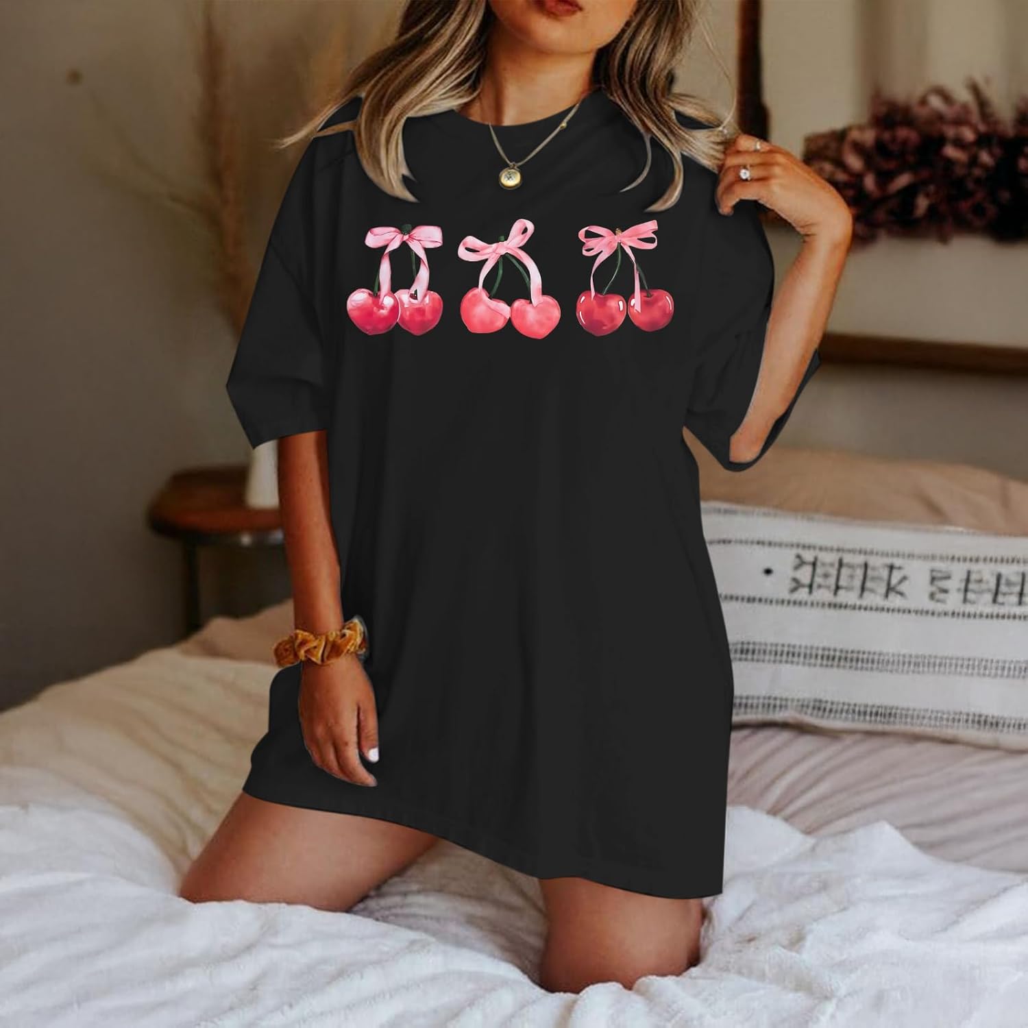 KEEVICI Cute Cherry Pink Bow T Shirts for Women Fruit Coquette Aesthetic Shirt Oversized Tshirts Graphic Tees Cotton Tops - Image 4