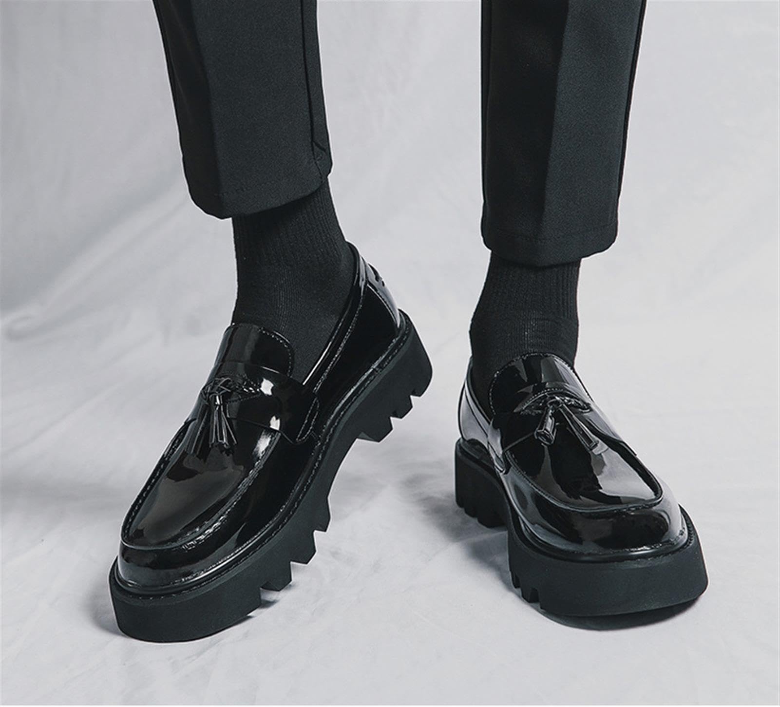 Mocasines con Borlas para Hombre Charol Plataforma Chunky Zapatos de Vestir Punk Tachuelas Slip-On Casual