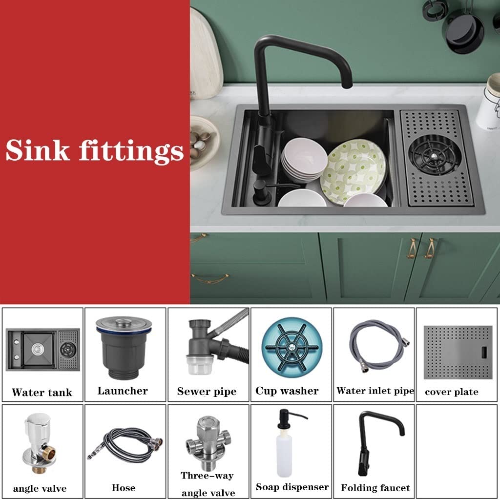 Fregadero oculto para cocina, bar o restaurante con lavavasos, de acero inoxidable, con tapa para lavar verduras, ideal para mini fregaderos de caravanas (Color: Negro, Tamaño: 58 * 32 pulgadas, 22 c
